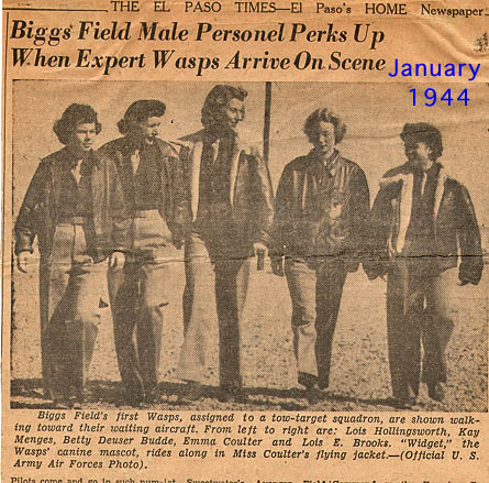Lois Hollingsworth, Kay Brick, Betty Deuser, Emma Coulter, Lois Brooks, Biggs Army Air Field, Jan, 1944